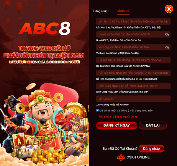 Hướng dẫn người chơi từng bước đăng ký game ABC8